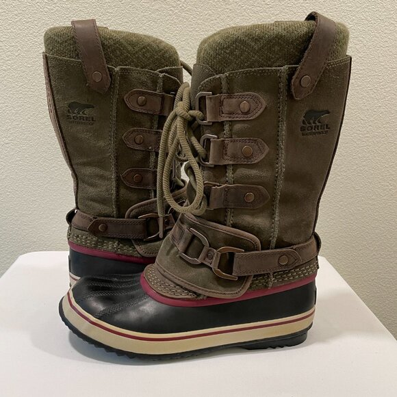 SOREL "Joan of Arctic Premium" Waterproof Boot Olive/Black/Multi Women Size 7.5 - Picture 9 of 16